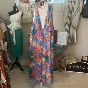 Tropical V-Neck Maxi Swim Coverup Dress - Blue Multicolor